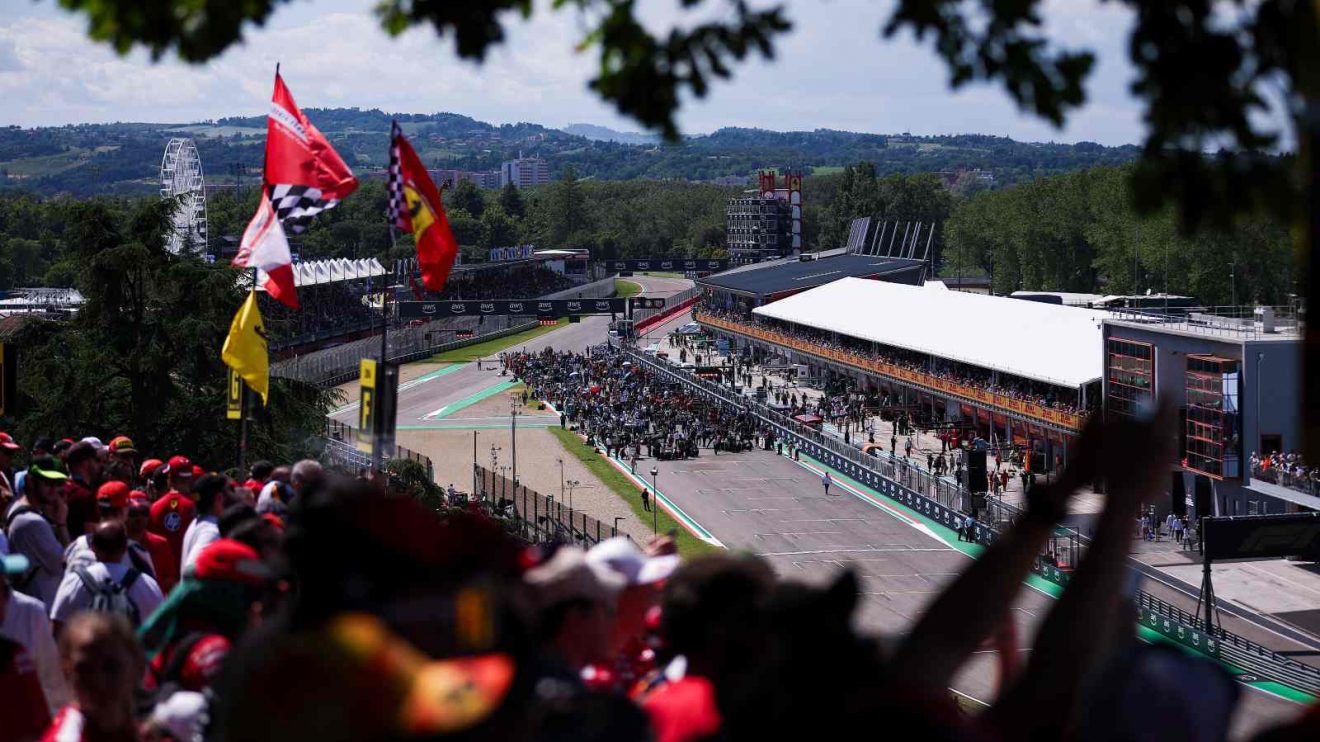 An overhead view of the pit straight at Imola.