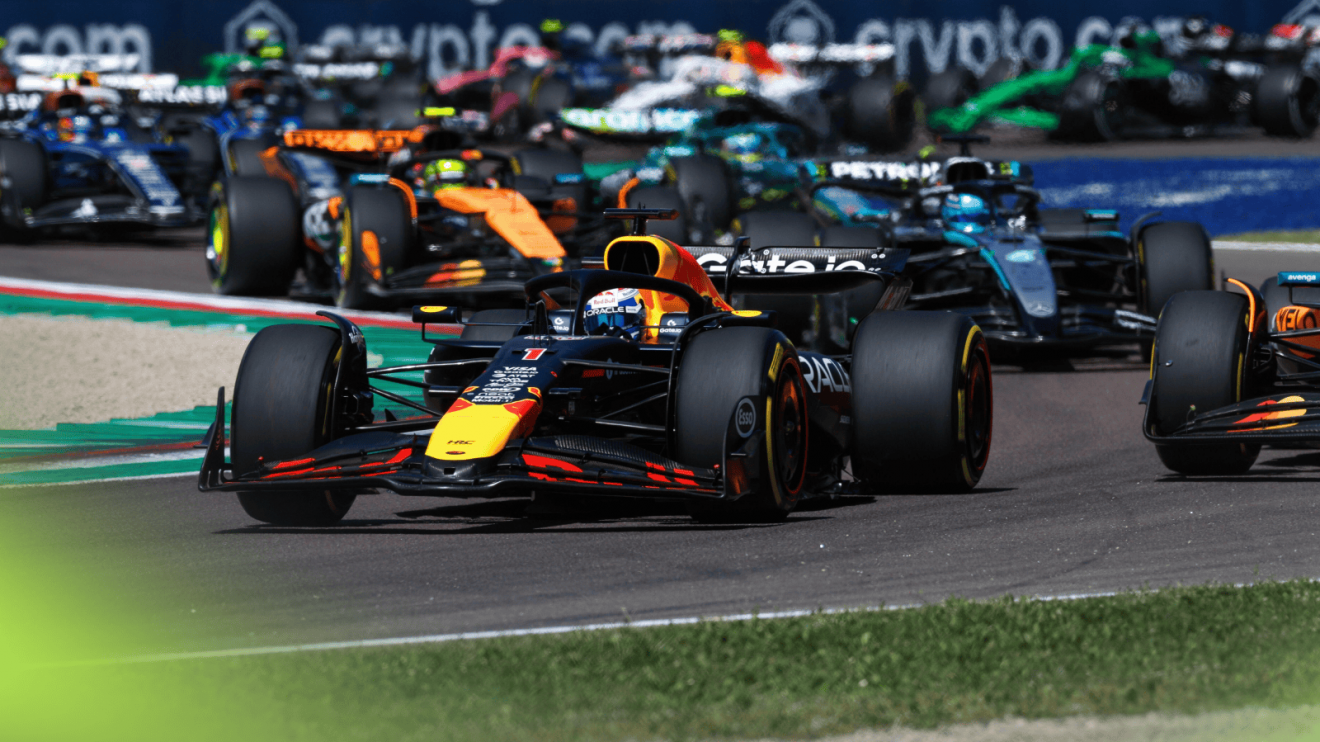 Max Verstappem takes the lead at the start at Imola as the field slot in behind him