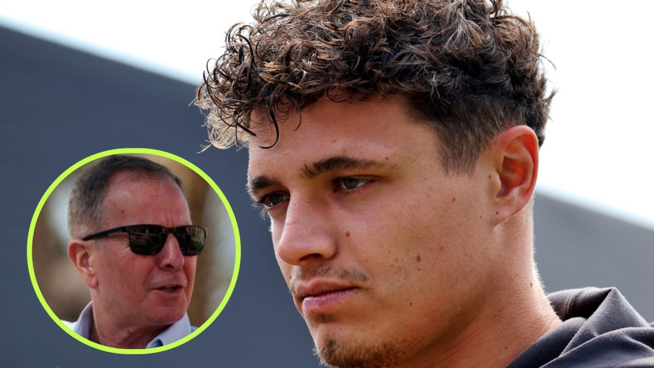 Lando Norris serious at the 2025 Canadian Grand Prix, looking towards Martin Brundle in a circle bottom left