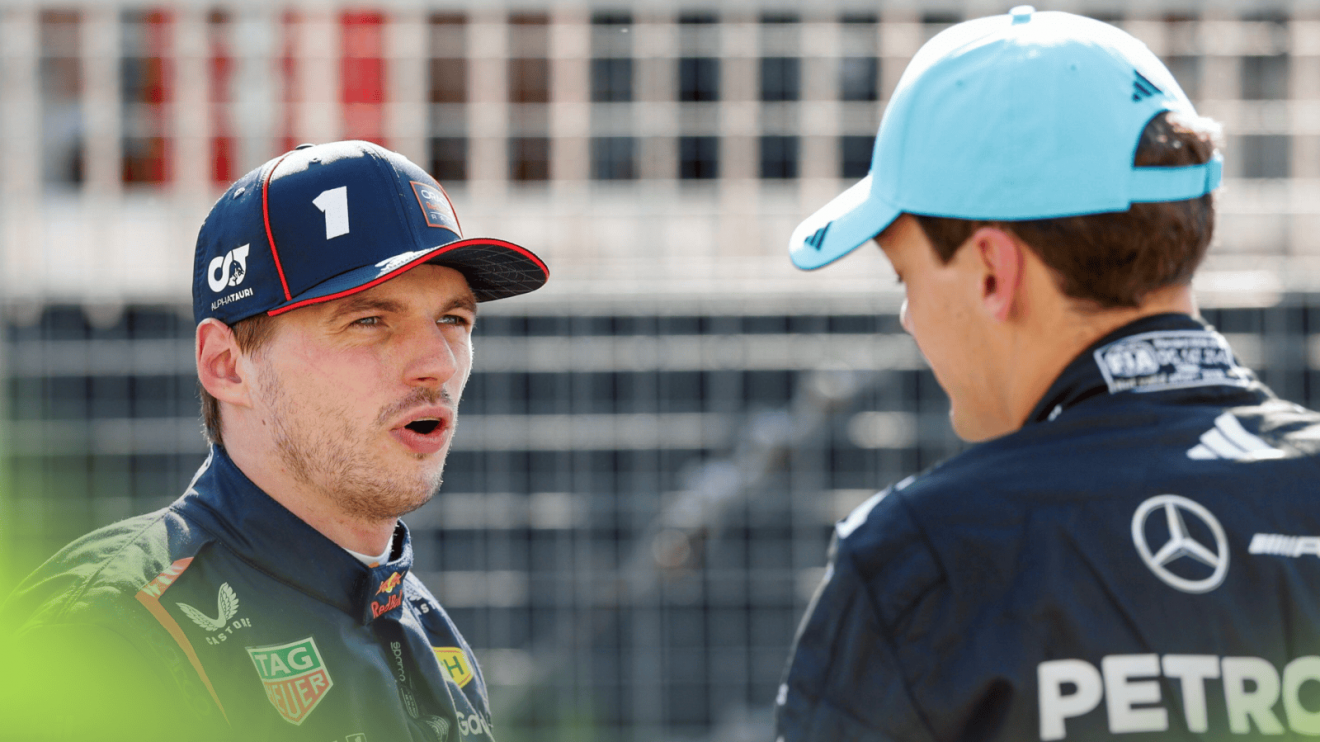Max Verstappen and George Russell in conversation on the grid after qualifying in Canada