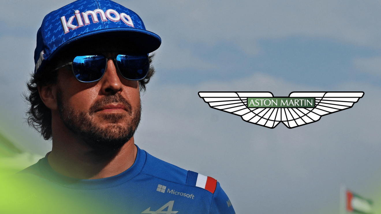 Fernando Alonso wearing Alpine team kit with a prominent Aston Martin logo alongside him