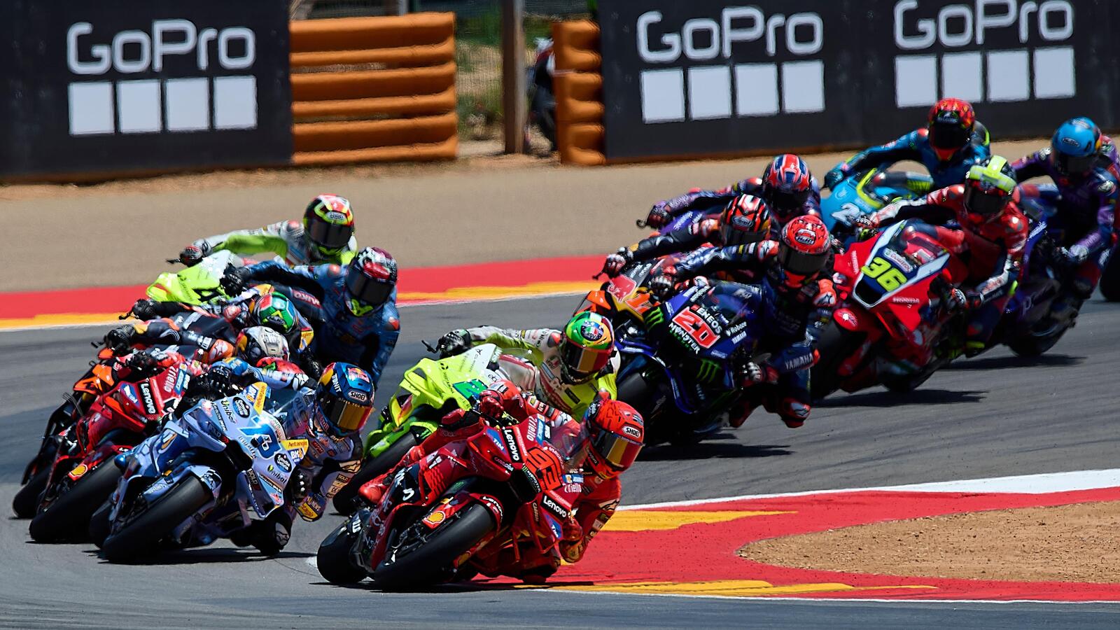 Motorcyclists compete in a race during the MotoGP Aragon Grand Prix