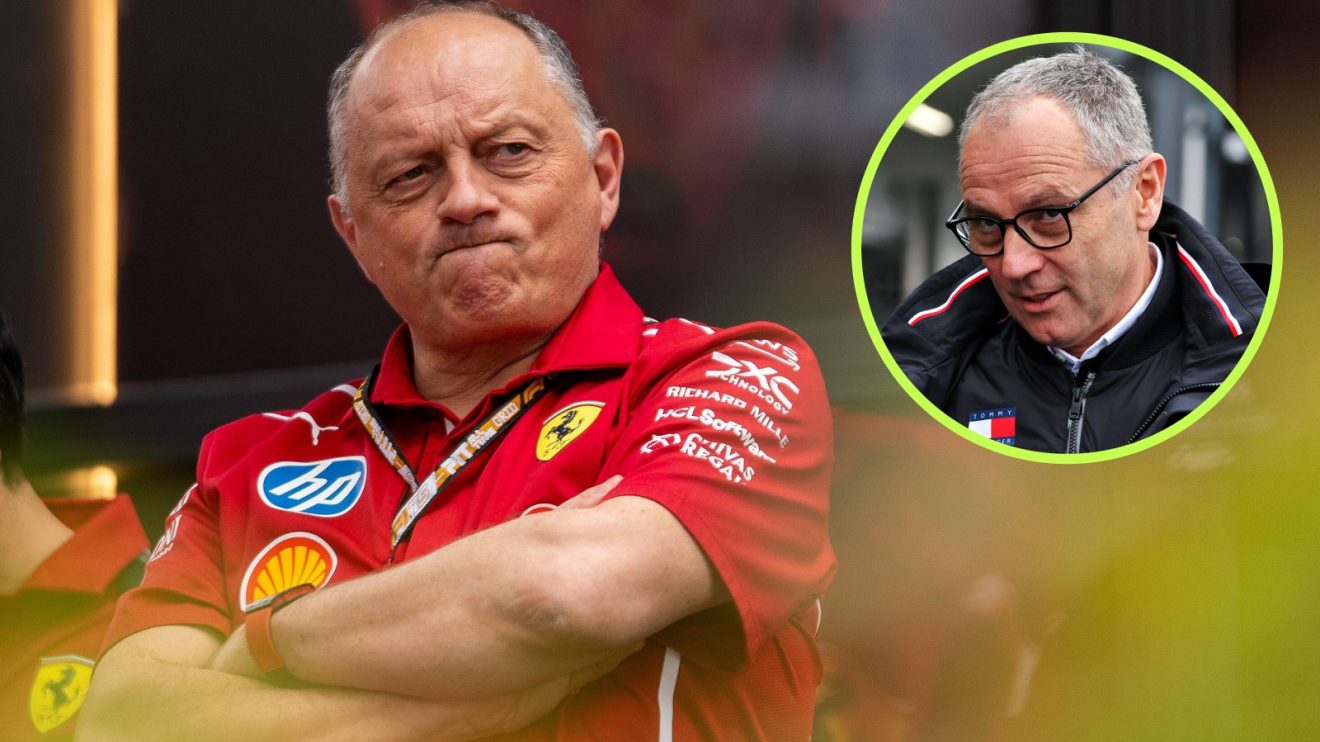 Ferrari team principal Fred Vasseur pictured at the 2025 Australian Grand Prix, as F1 president Stefano Domenicali looks his way from a circle top right