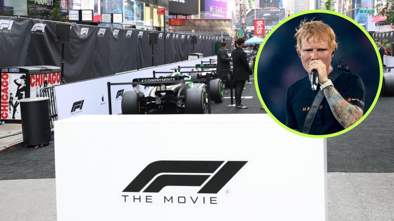 The scene of the F1 movie premiere in New York City, and singer Ed Sheeran in a circle top right