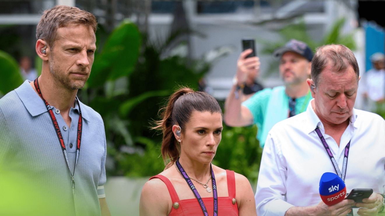 Jenson Button, Danica Patrick and Martin Brundle recording for Sky F1 in the Miami GP paddock