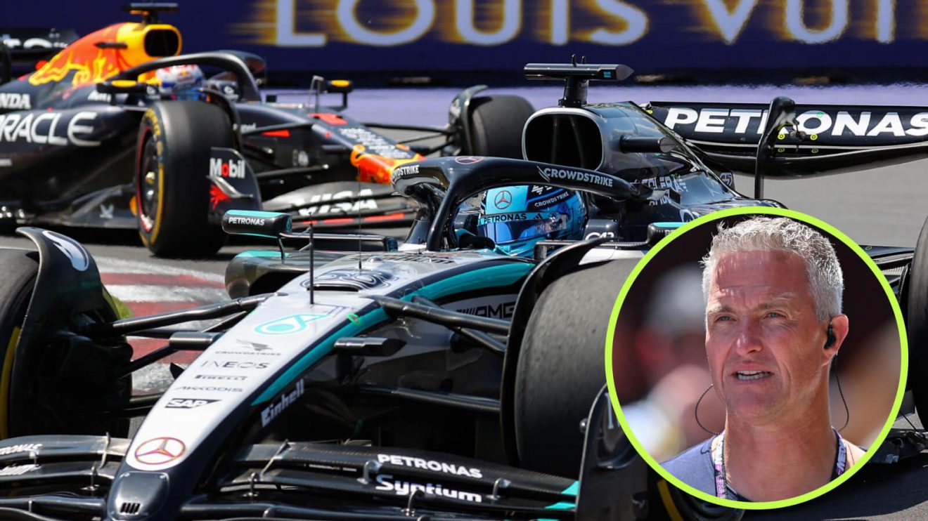 Max Verstappen racing George Russell, Ralf Schumacher in the circle