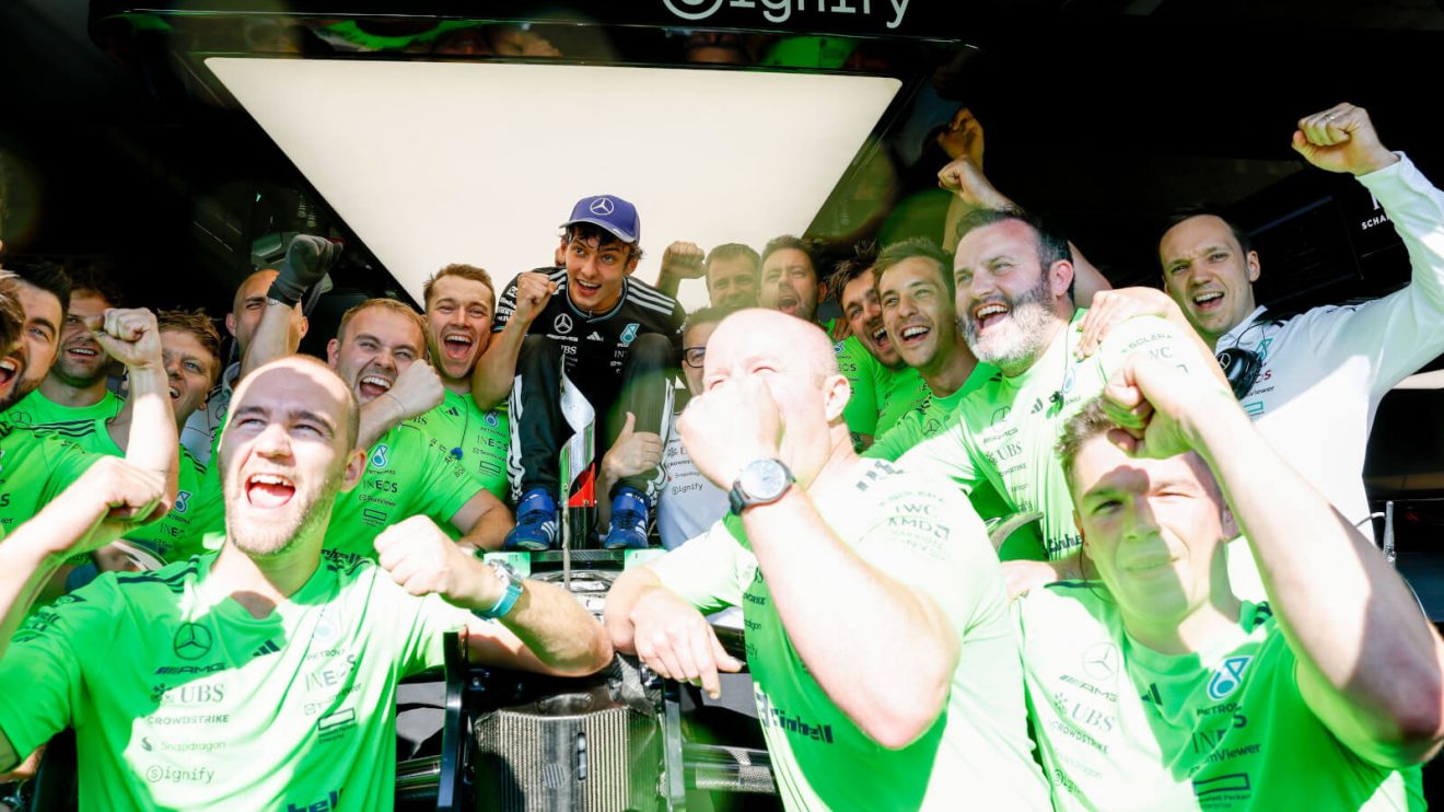 Kimi Antonelli celebrates his maiden F1 podium with Mercedes