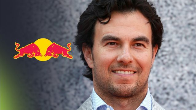 Sergio Perez pictured at the 2024 Deadpool & Wolverine UK fan event in London, with the Red Bull logo to his left