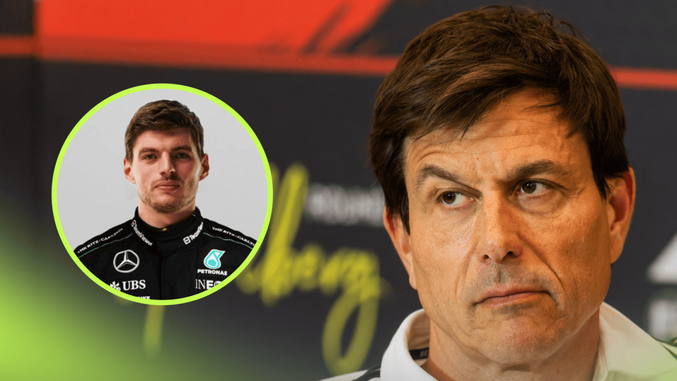 Toto Wolff in a press conference with an inset of Max Verstappen wearing Mercedes overalls