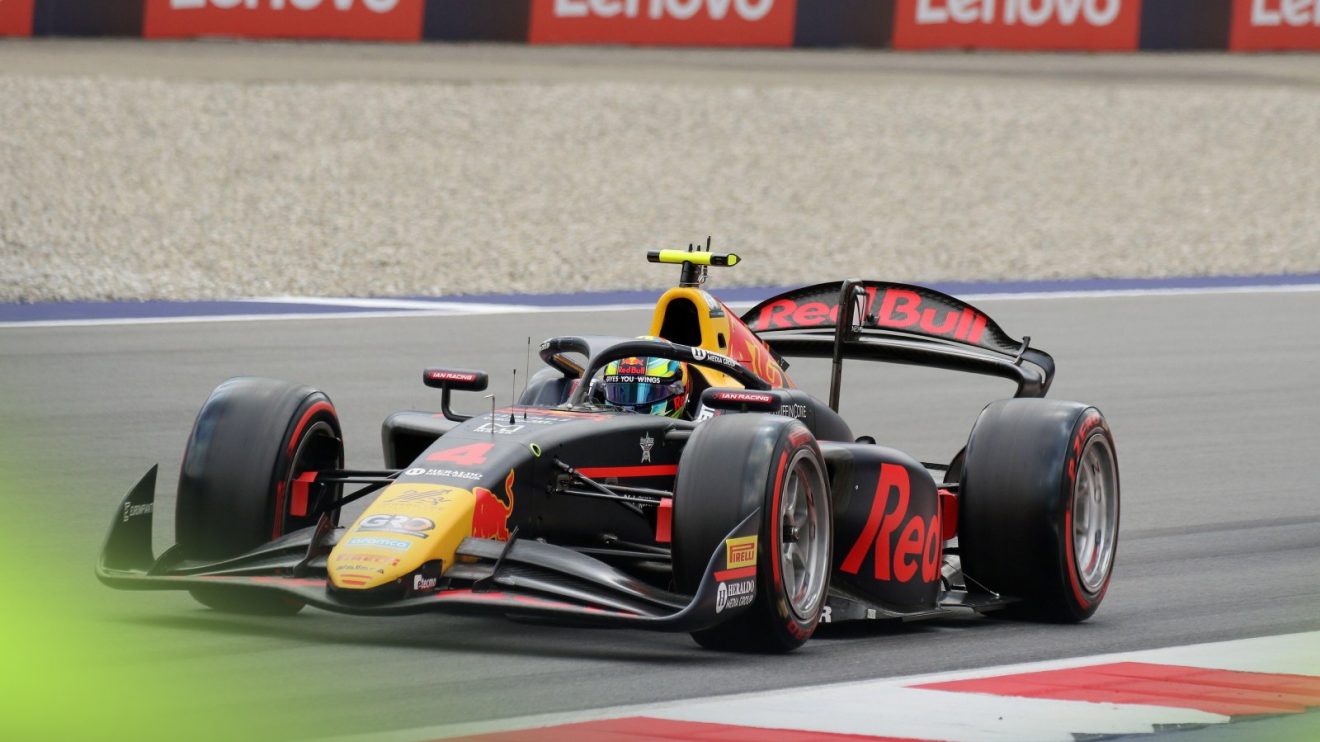 Arvid Lindblad driving the Red Bull-liveried Campos at the Austria F2 2025 round