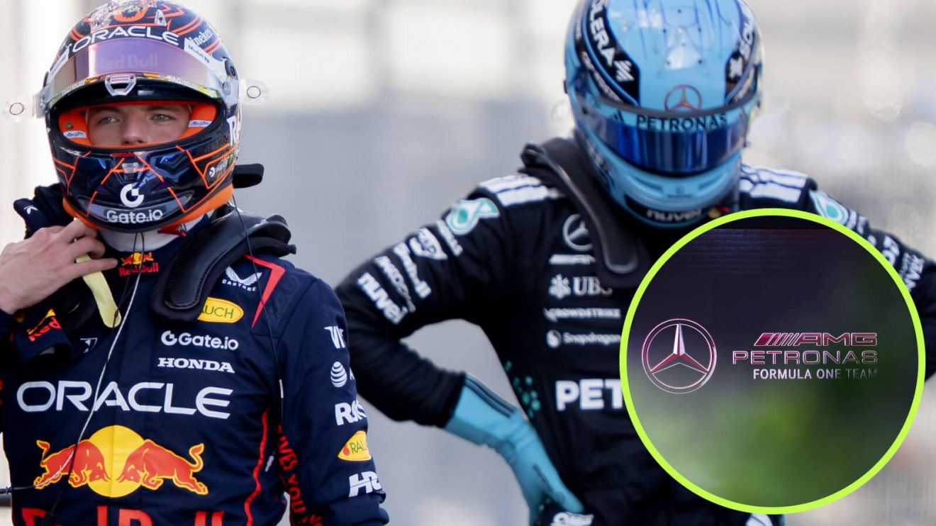 Max Verstappen and George Russell with the Mercedes logo