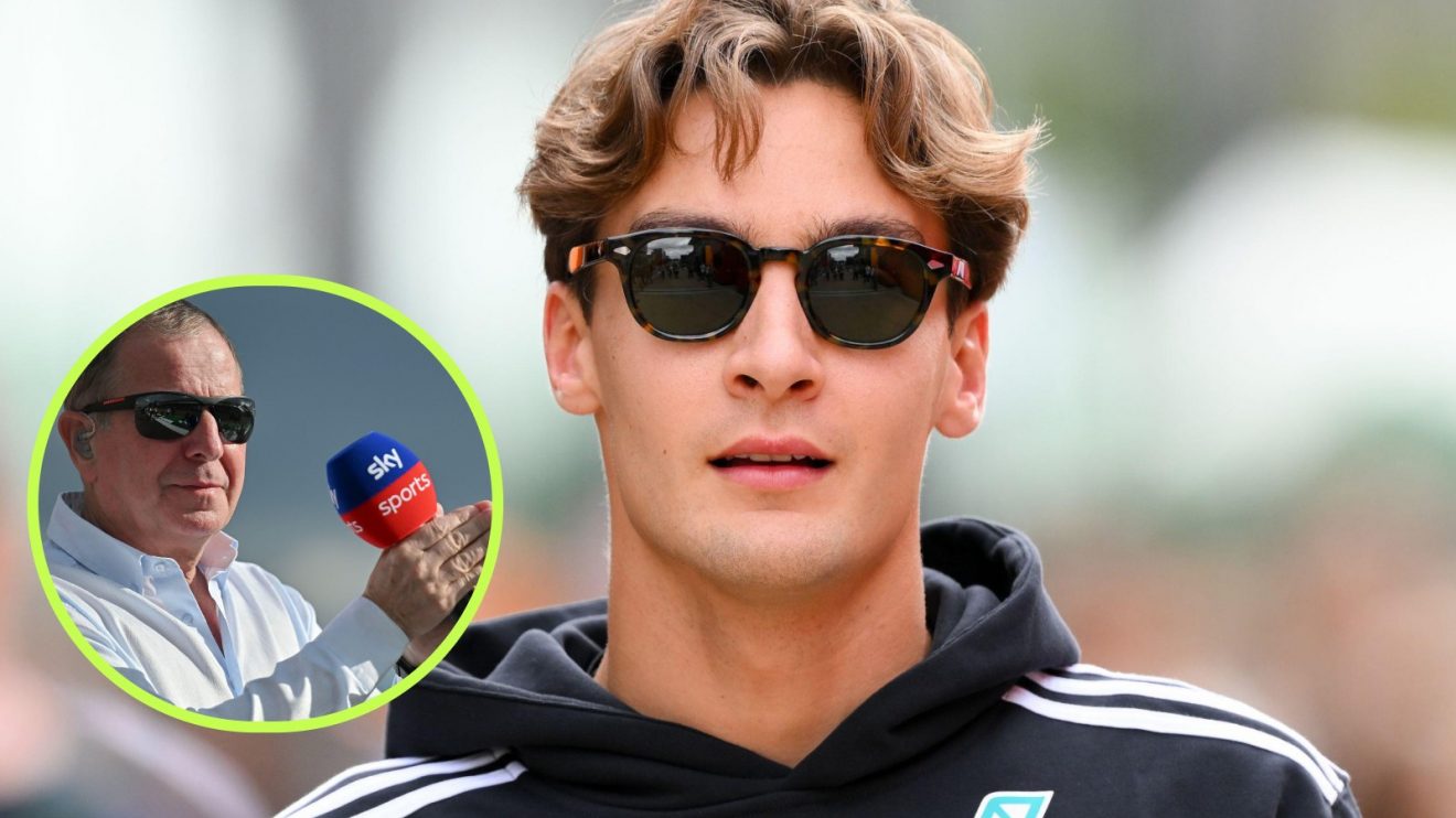 George Russell pictured at the 2025 British Grand Prix, with Martin Brundle, holding a Sky microphone, in a circle on his left