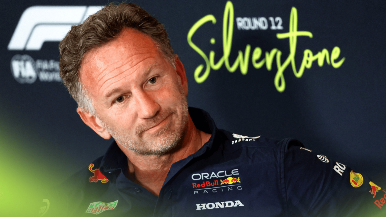 Christian Horner looks on in a press conference