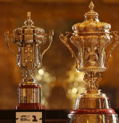 The LEGO British Grand Prix trophy, next to the RAC Trophy.