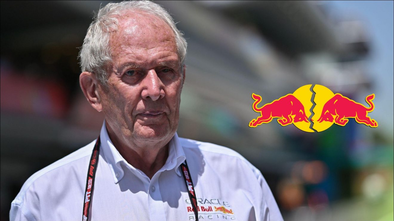 Red Bull senior advisor Helmut Marko pictured at the 2025 Spanish Grand Prix, with a cracked Red Bull logo on his right