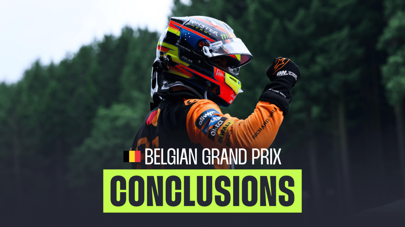 Oscar Piastri raises a fist in celebration in parc ferme at Spa with a PlanetF1.com conclusions banner positioned centre-bottom