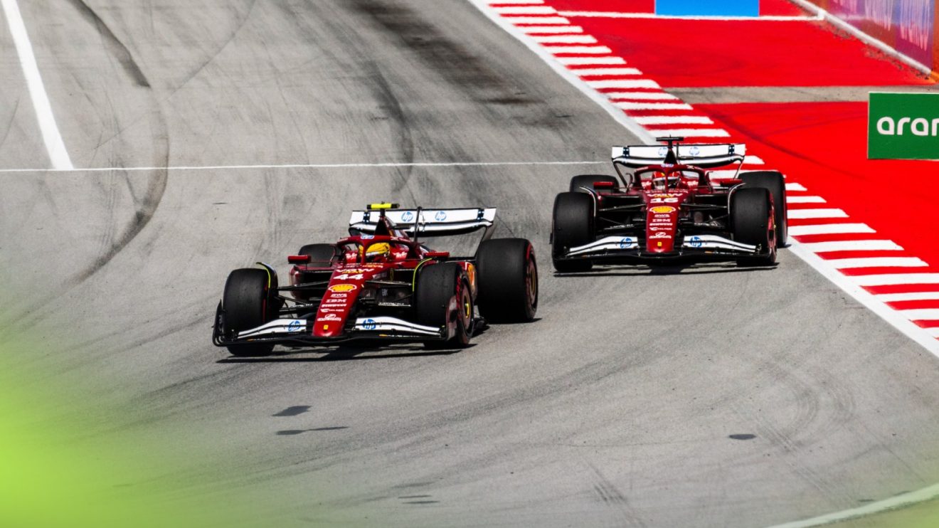 Ferrari drivers Lewis Hamilton and Charles Leclerc on track at the 2025 Spanish Grand Prix