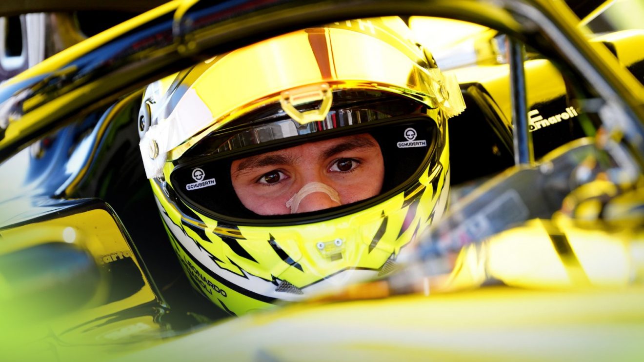 Leonardo Fornaroli strapped into the Invicta 2025 Formula 2 car at Imola
