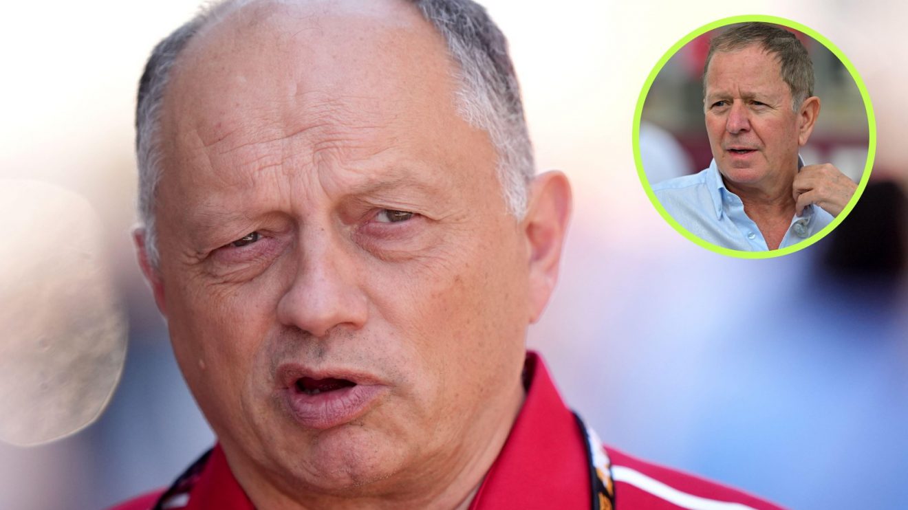 Ferrari team boss Fred Vasseur pictured at the 2025 Spanish Grand Prix, while Martin Brundle looks his way from a top right circle
