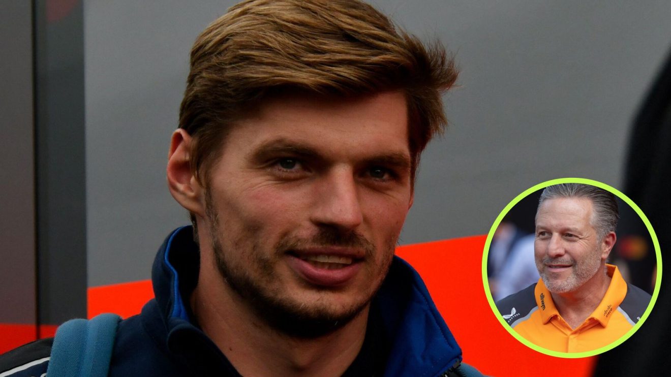 Max Verstappen pictured in the paddock at an NLS race on the Nurburgring Nordschleife, while McLaren's Zak Brown appears in a bottom right circle