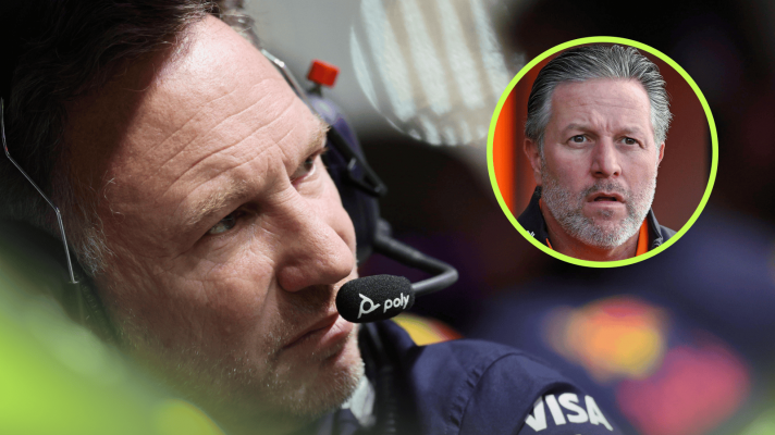 Christian Horner looks on from the pit wall with an inset of Zak Brown