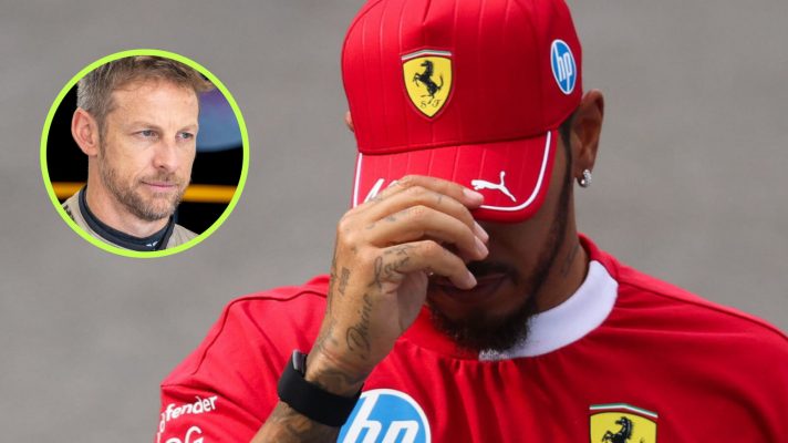 Lewis Hamilton head down, Jenson Button in the circle