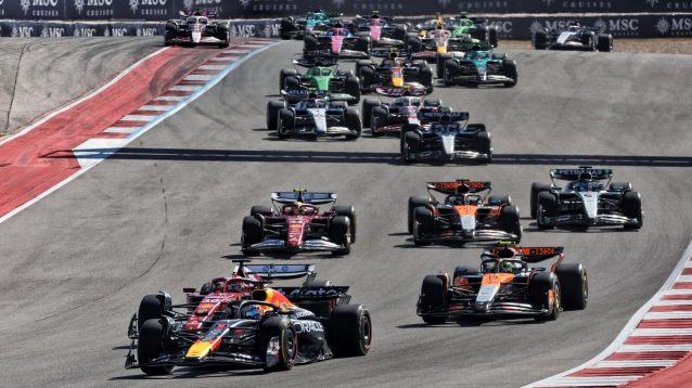 Max Verstappen leads the pack at the start of the United States Grand Prix.