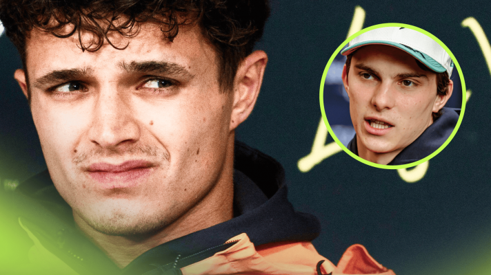 Lando Norris glances awkwardly to the side with an inset of Oscar Piastri