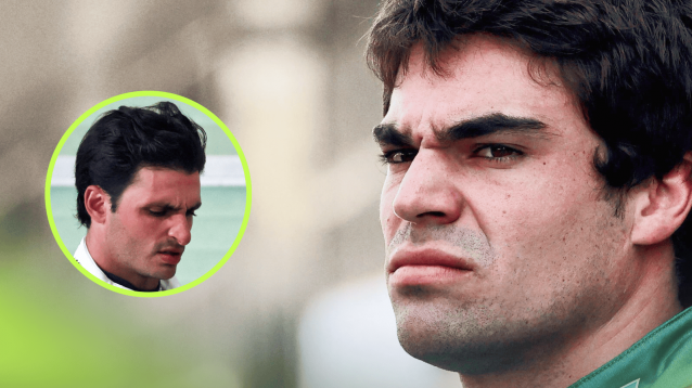 A close-up shot of Lance Stroll with an inset of Carlos Sainz