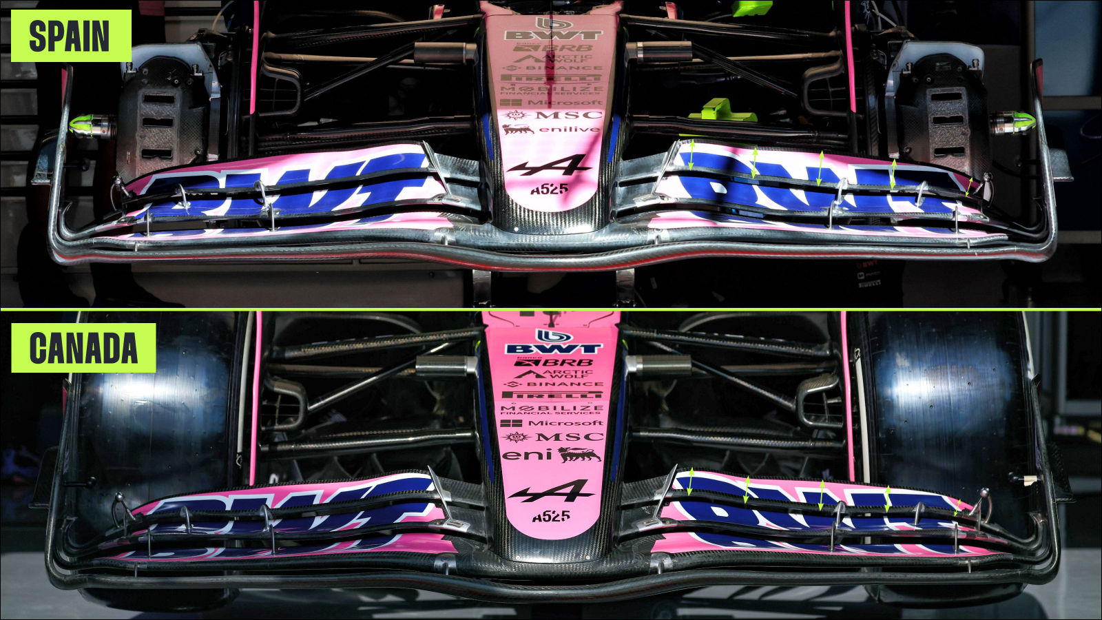 Alpine A525 front wing comparison (arrows)