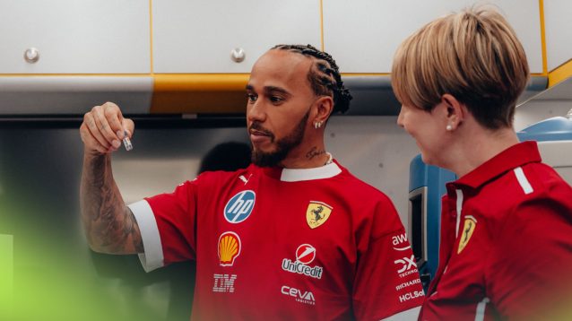 Lewis Hamilton inside Shell's trackside laboratory.