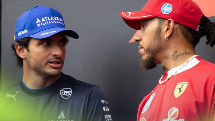 Carlos Sainz, Williams, left, and Lewis Hamilton, Ferrari, right, speaking at the 2025 Singapore Grand Prix