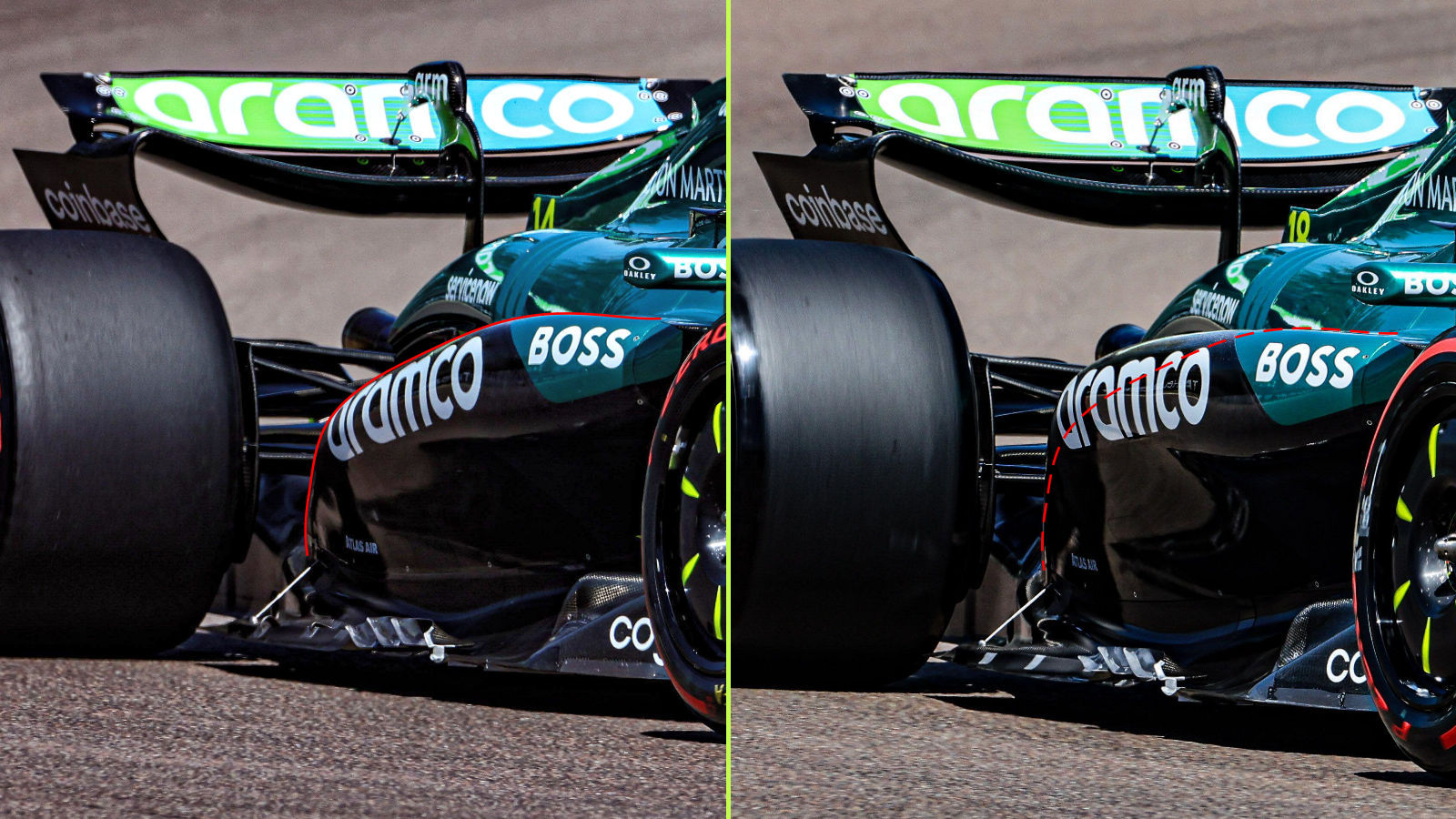 Aston Martin AMR25 sidepod comparison (lines added)