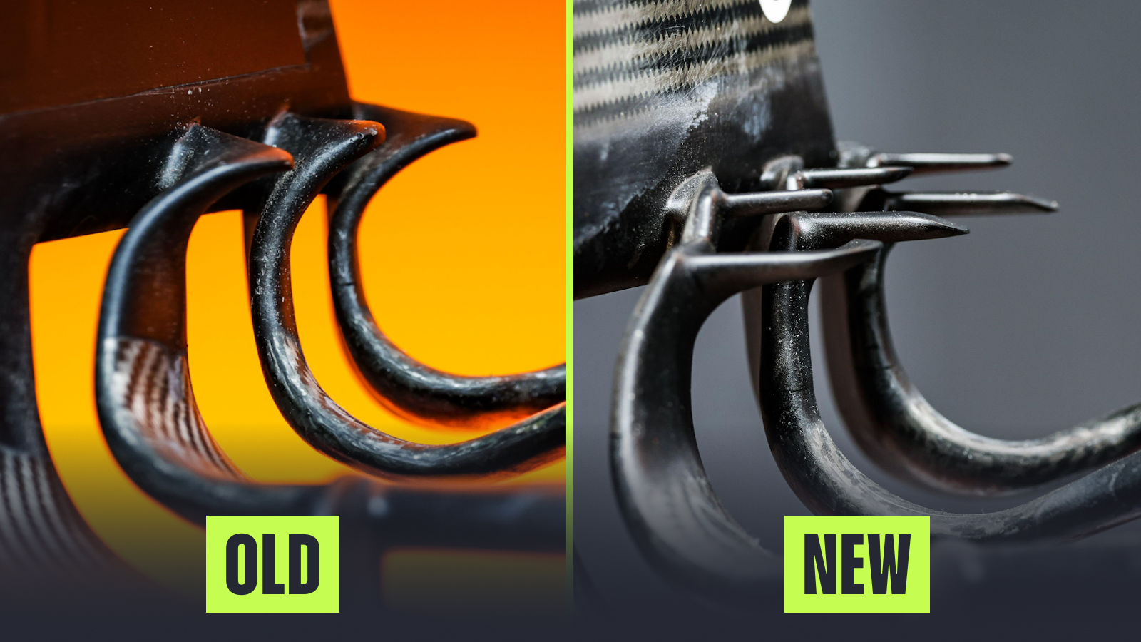 McLaren MCL39 front wing comparison (new mermaid tails)