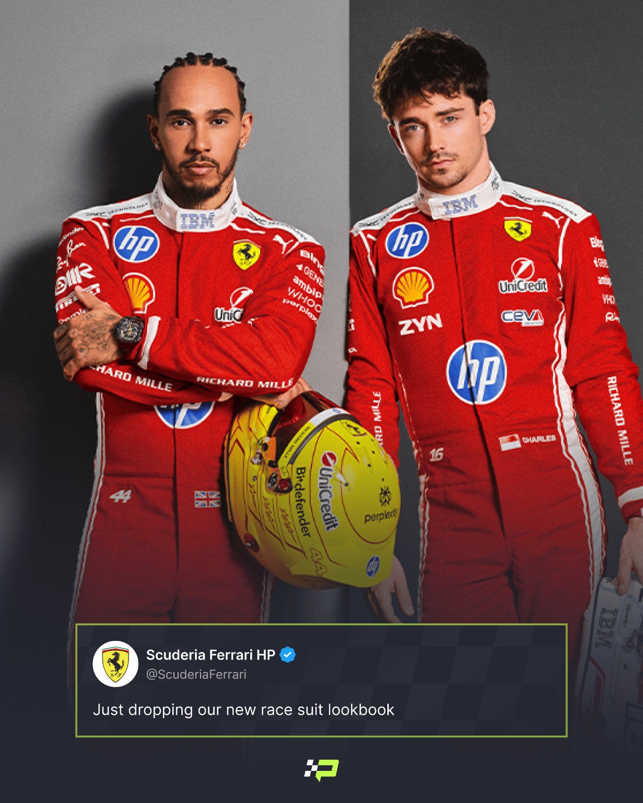 Lewis Hamilton and Charles Leclerc model Ferrari's 2026 race suits in a team social media post