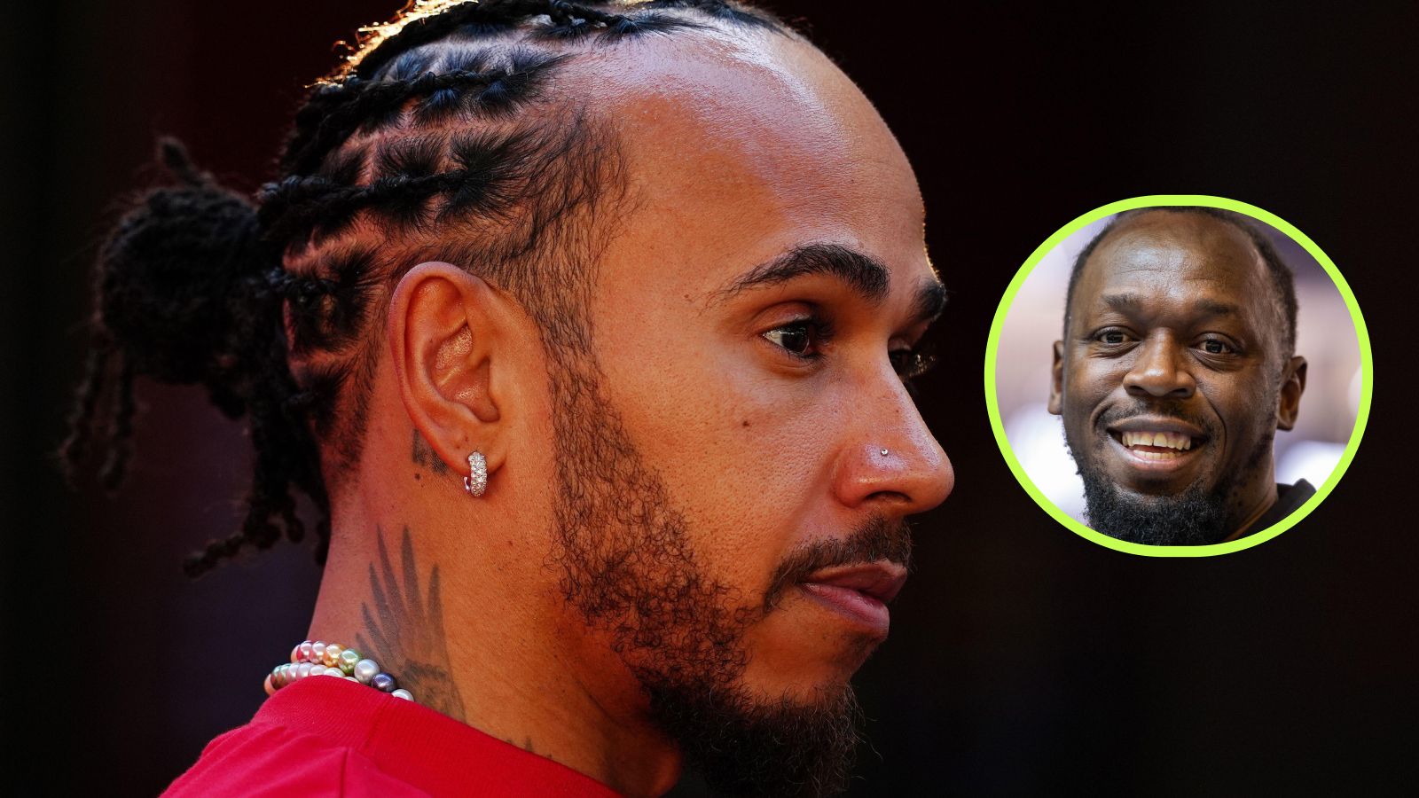 Lewis Hamilton, Ferrari, pictured at the 2025 Abu Dhabi Grand Prix, as Usain Bolt appears in a circle on the right