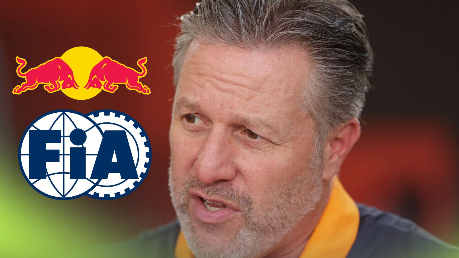 McLaren CEO Zak Brown pictured at the 2025 Abu Dhabi Grand Prix, as Red Bull, top, and FIA, bottom, logos appear on the left