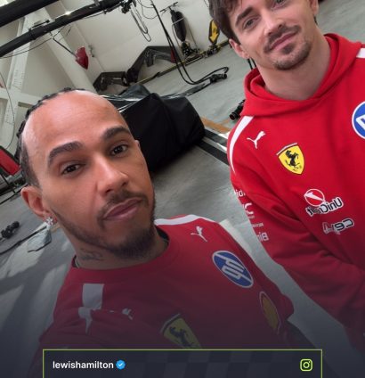 Lewis Hamilton and Charles Leclerc pose together for a selfie