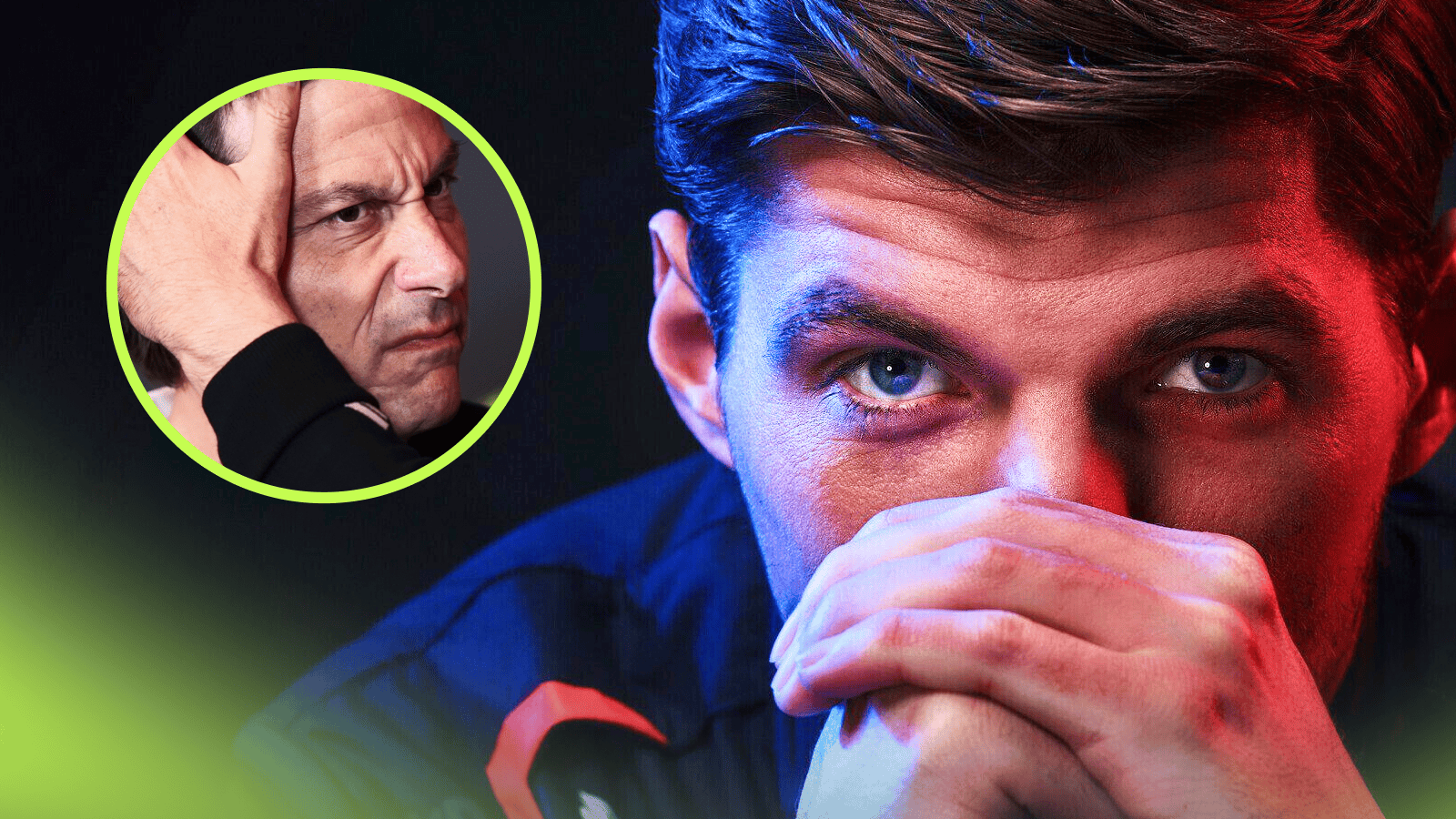 A close-up shot of Max Verstappen with his hands over his mouth with an inset of Toto Wolff