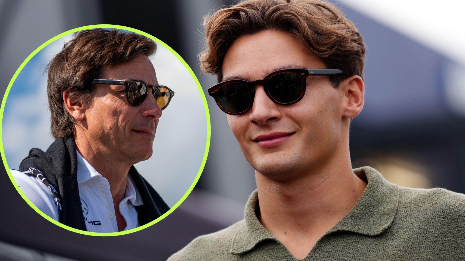 George Russell, Mercedes, pictured at the 2025 Dutch Grand Prix, as Toto Wolff appears in a large circle on the left