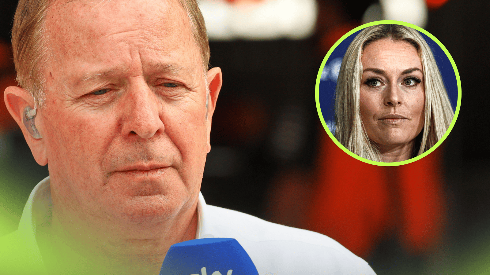 A close-up shot of Martin Brundle on Sky F1 duty with an inset of Lindsey Vonn