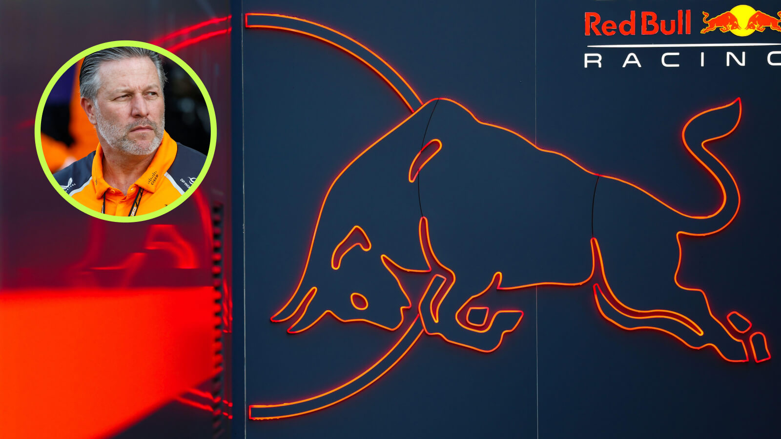 Zak Brown and the Red Bull logo