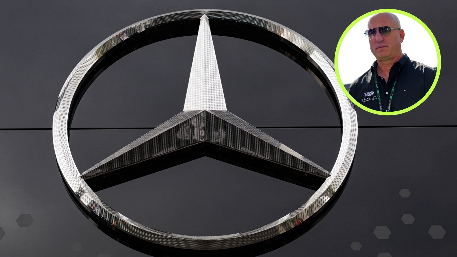 The Mercedes logo, with Cadillac F1 CEO Dan Towriss in a top right circle