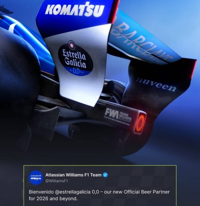 A render of the Estrella Galicia 0,0 logo on the rear wing of a Williams F1 car