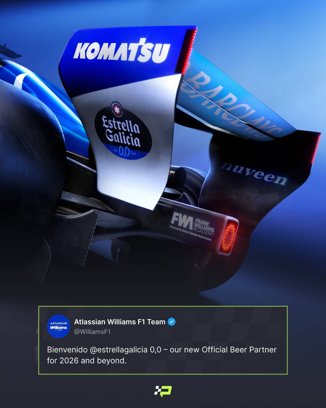 A render of the Estrella Galicia 0,0 logo on the rear wing of a Williams F1 car