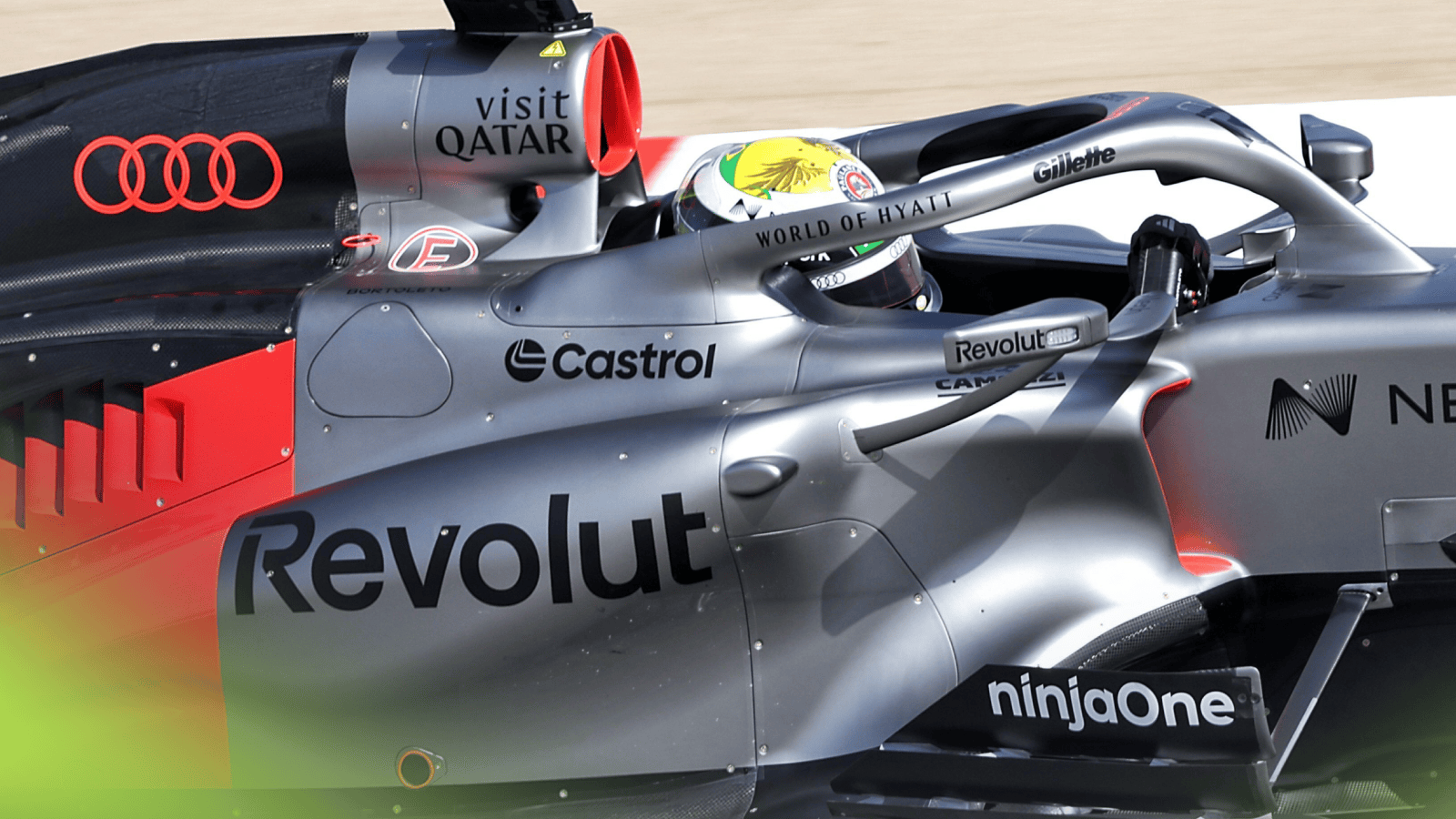 An action shot of Gabriel Bortoleto on track with the Audi R26 in Bahrain