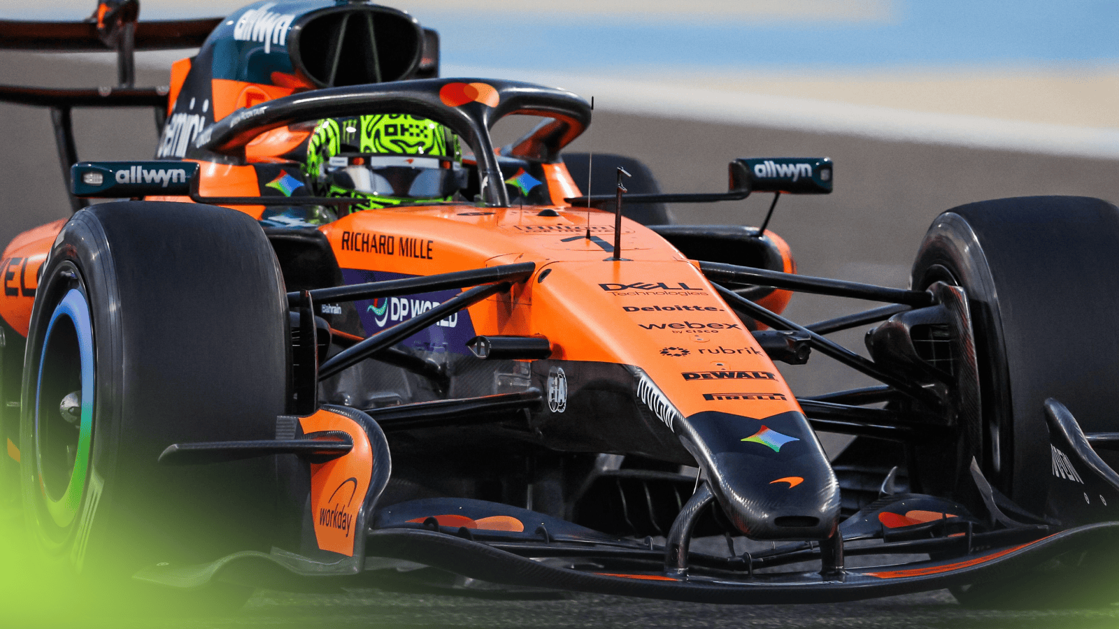An action shot of Lando Norris's McLaren on track in Bahrain