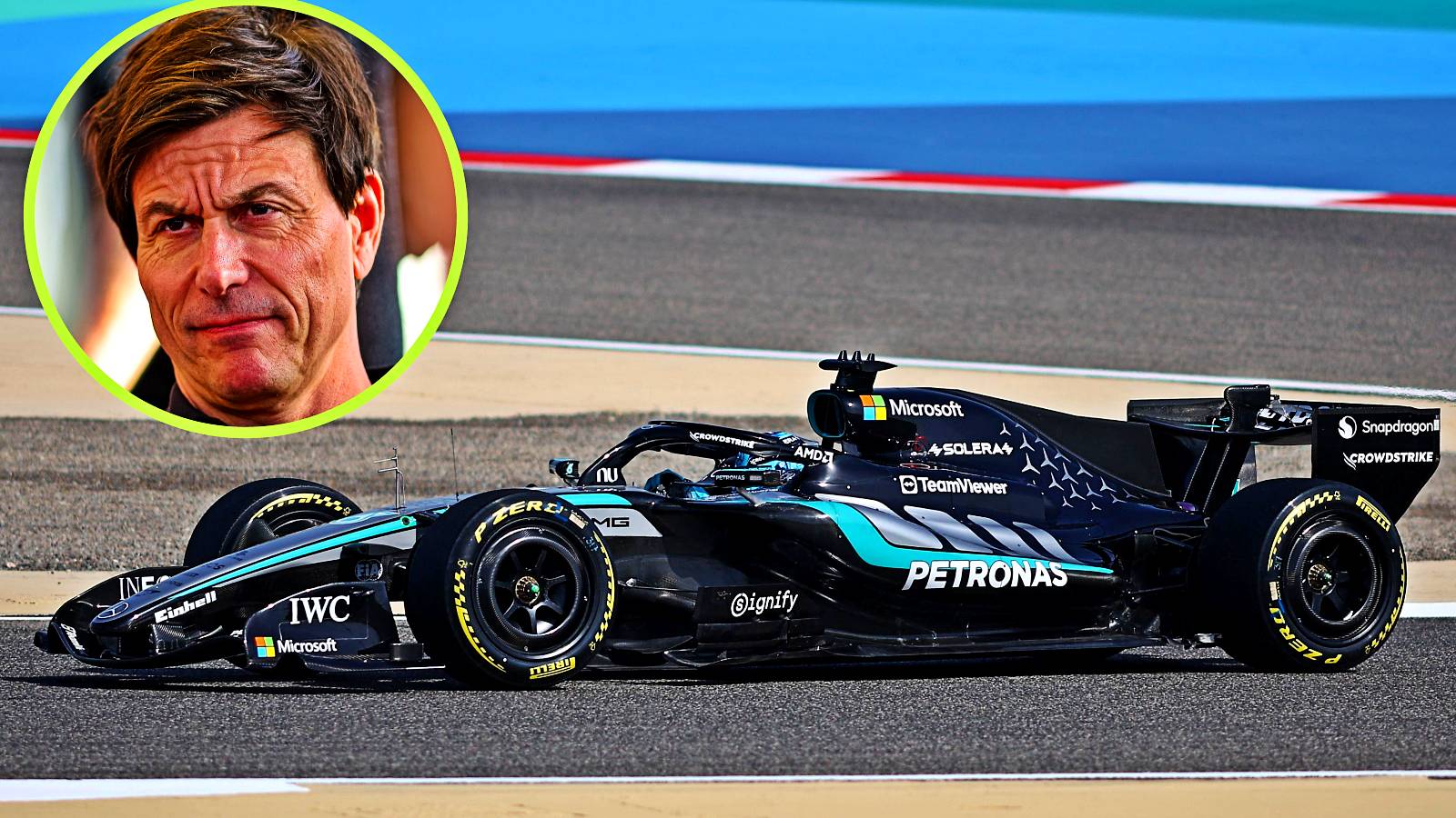 Mercedes' George Russell on track during Bahrain testing 2026.