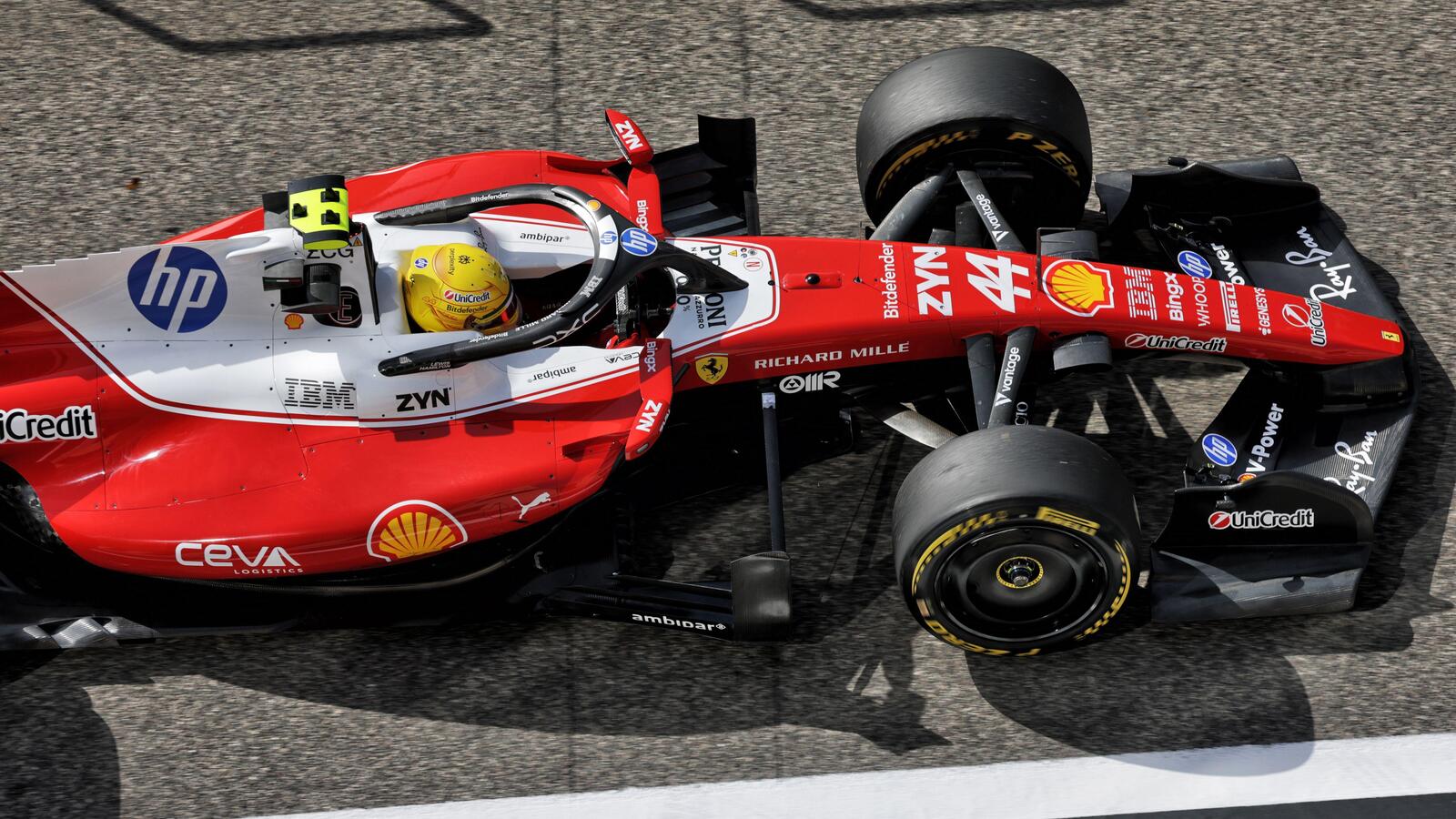 An overhead shot of Lewis Hamilton on track in his Ferrari during Bahrain testing.