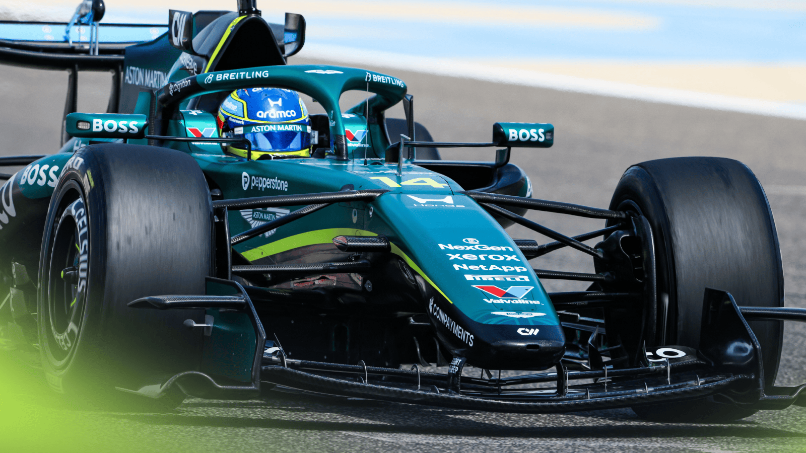 An action shot of Fernando Alonso's Aston Martin AMR26 on track in Bahrain